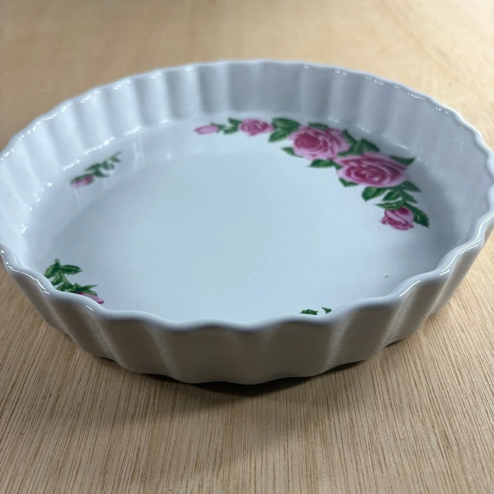 Christineholm Rose Porcelain Quiche Tart Pan 9.5 Inch Fluted Ceramic Baker White